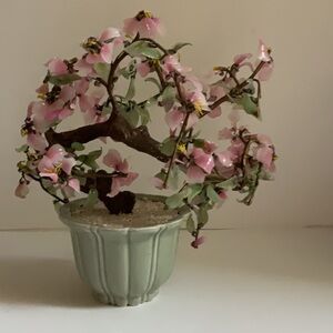 Vintage Glass Jade Bonsai Cherry Blossom Tree - 12x12”, MCM Home Decor